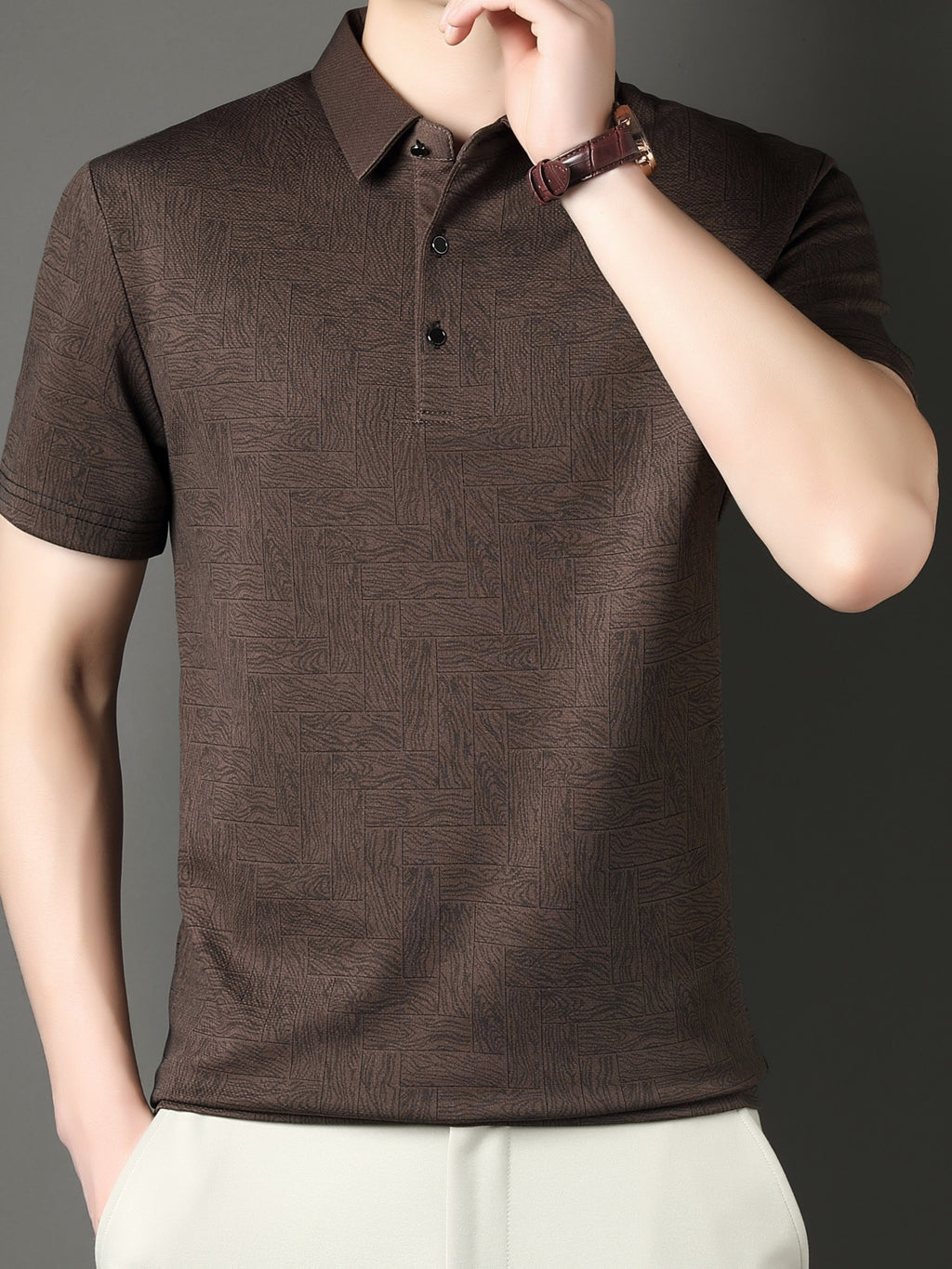 New Summer Men's Geometric Mahjong Tile Short-Sleeve Shirt, Men's Business Casual Fashion Lapel Pullover Executive Top - Khaki