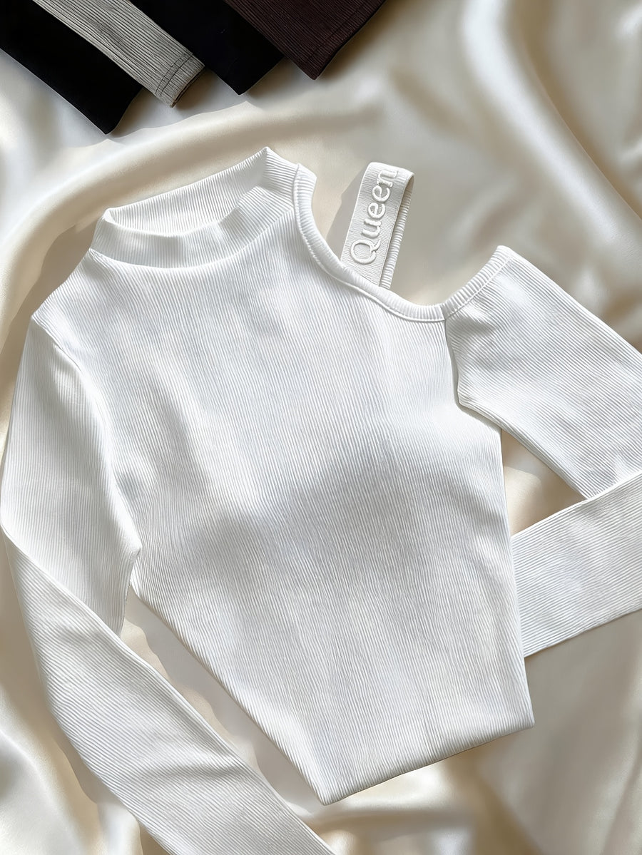 Women'S Spring Autumn High Neck Off-Shoulder Top with Embroidered Letters on Shoulder Straps, Fitted Short Blouse T-Shirt - White