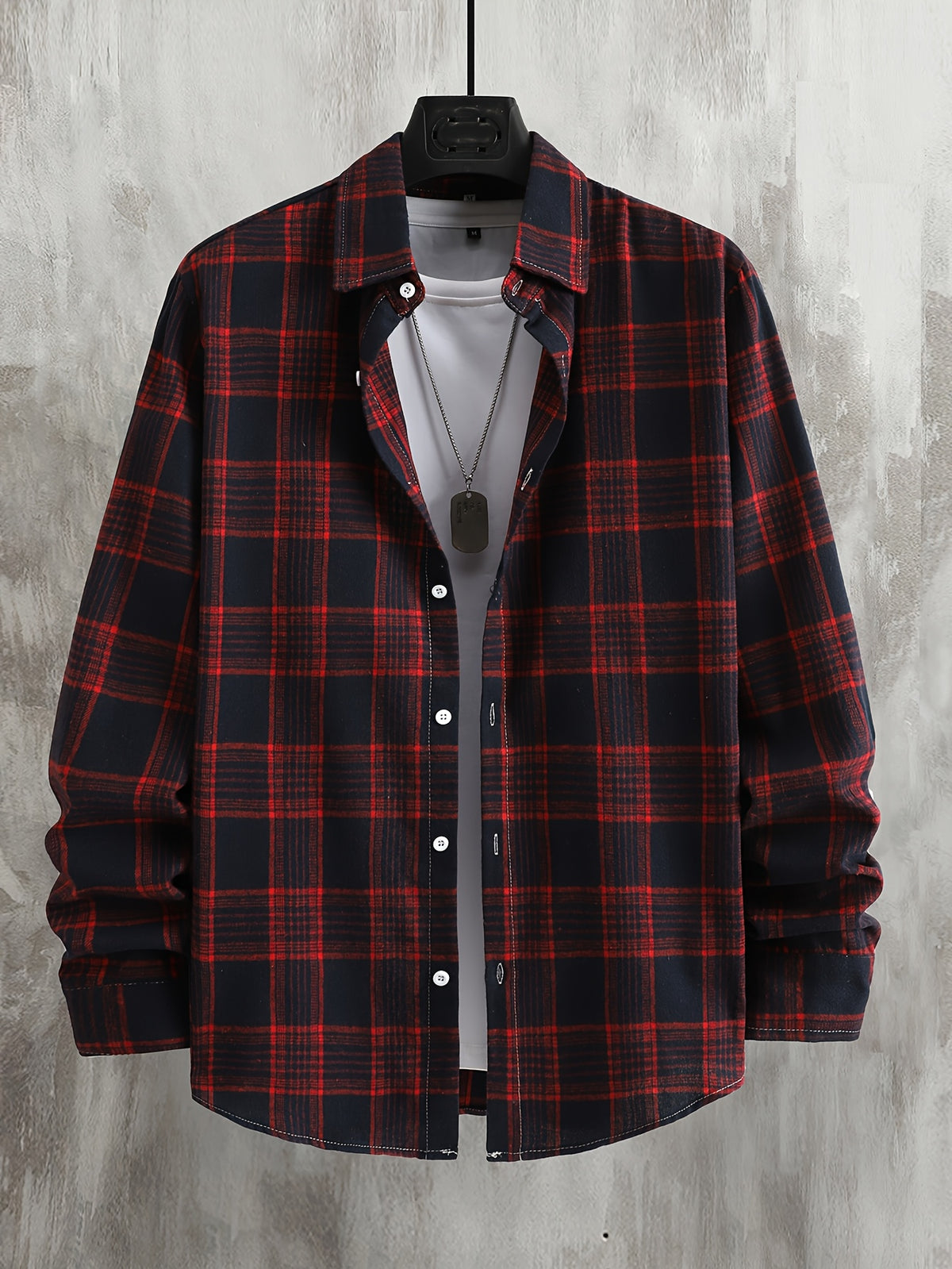Men'S Casual Flannel Shirt - Loose Fit with Long Sleeves And Plaid Pattern, Featuring a Button- Front Design And a Classic Collar, Suitable for Everyday And Semi-Formal Wear, Can Be Hand Washed - Red