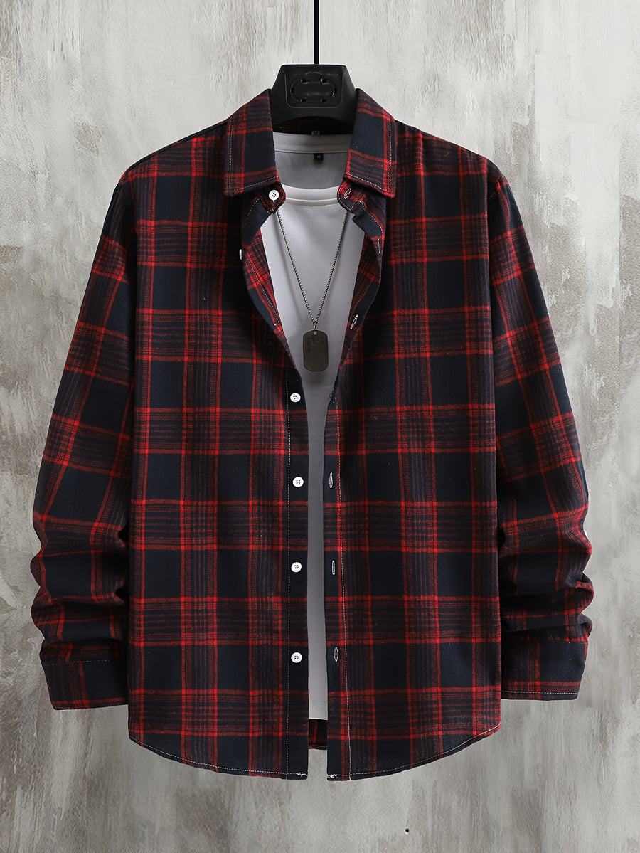 Men'S Casual Flannel Shirt - Loose Fit with Long Sleeves And Plaid Pattern, Featuring a Button- Front Design And a Classic Collar, Suitable for Everyday And Semi-Formal Wear, Can Be Hand Washed - Red