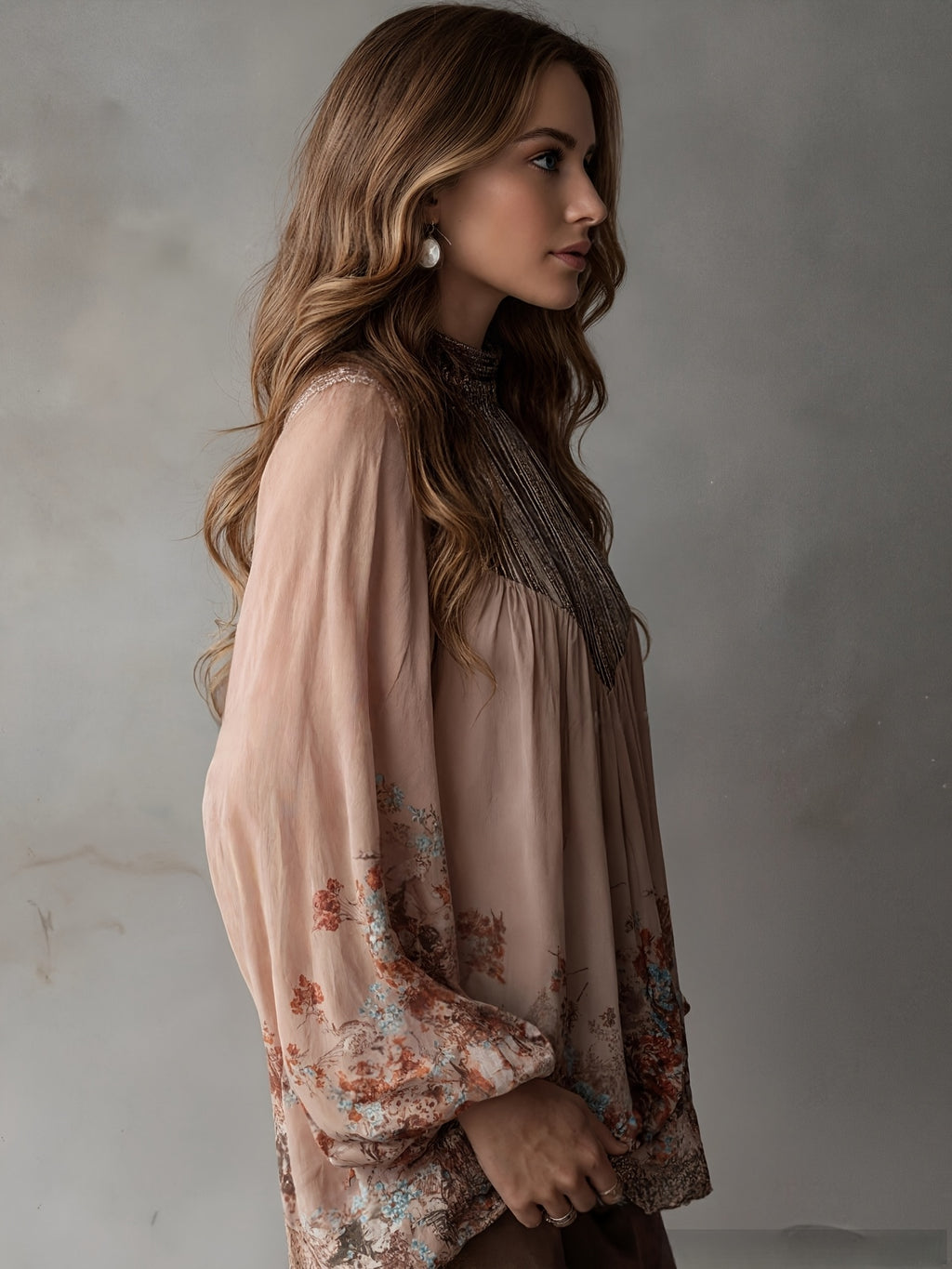 Women'S Bohemian Style Printed High-Neck Chiffon Floral Blouse, Flowing Puff Sleeves, Beautiful Shirt Top Suitable for Various Occasions [Niannian] - Pale Pinkish Gray
