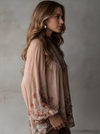 Women'S Bohemian Style Printed High-Neck Chiffon Floral Blouse, Flowing Puff Sleeves, Beautiful Shirt Top Suitable for Various Occasions [Niannian] - Pale Pinkish Gray