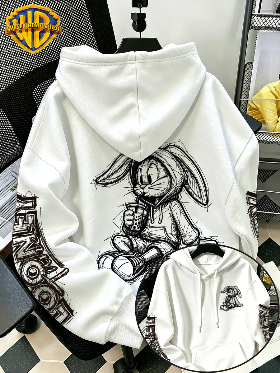 [Warner Bros] Licensed Men'S New Trendy Hoodie Sitting Drinking Milk Tea Rabbit Pattern Print Casual Hoodie, Daily Drawstring Loose Pullover Top, Machine Washable All-Match Sports Casual Men'S Top - White