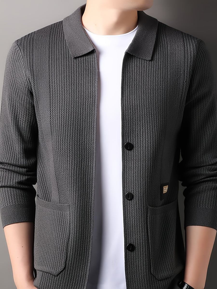 Men's Lapel Vertical Stripe Knit Cardigan Jacket, featuring a light business style with a mature and steady vibe, yet incorporating a sense of casualness. Flattering on all body types, suitable for men - SINBOS - Gray Green