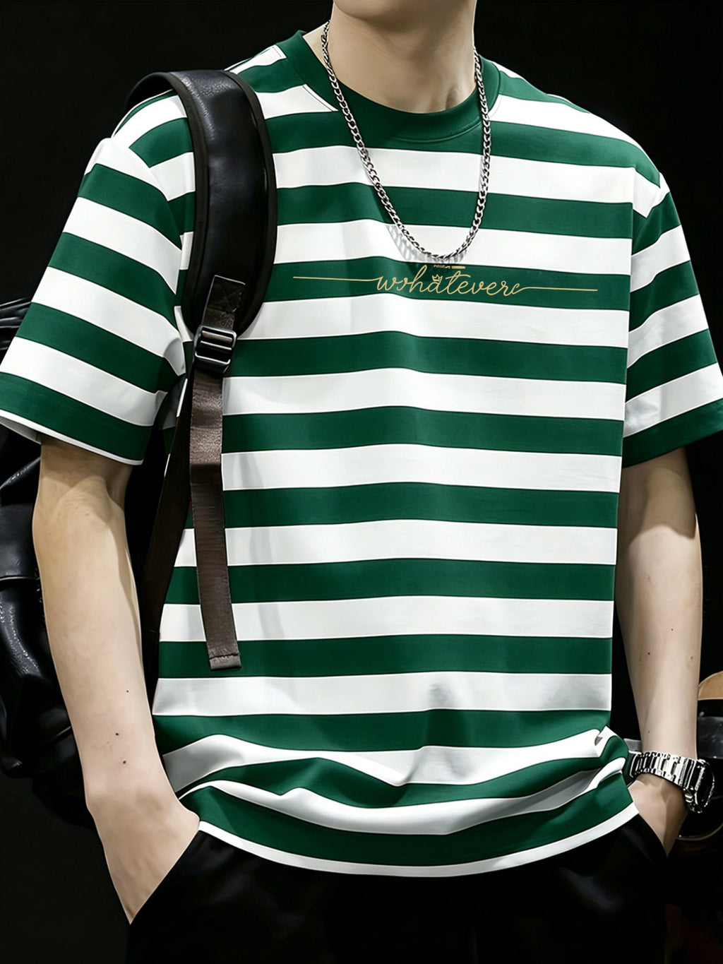 Simple Letter Print Fashion Men's Short Sleeve - Green And White