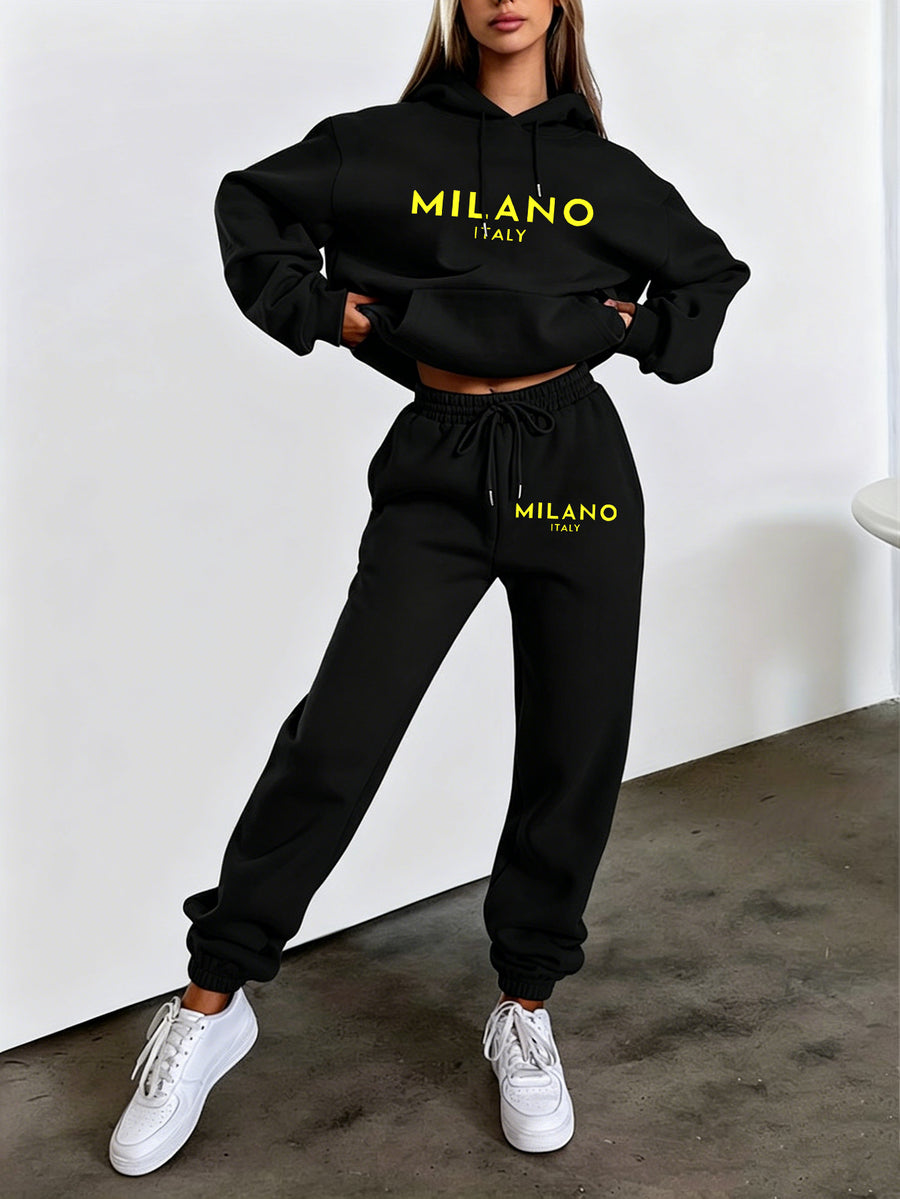 Autumn Winter Trendy Fashion Hooded Drawstring Sweatshirt And Joggers Women'S Set MILANO Letter Print Easy Letter Style Hooded Drawstring Design with Front Kangaroo Pocket Cold Weather Comfortable Wear Classic Silhouette Comfortable Fit Casual Home - Black