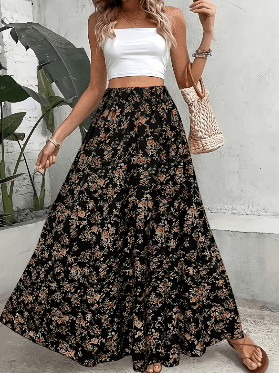 1pc Women'S Floral Print Elastic High-Waist A-Line Skirt - Black