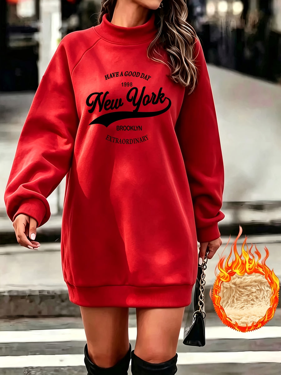 Retro New York English Letter Print Half-Neck Long Sweatshirt Women'S Fall Winter Fleece Thickened Loose Sweatshirt Dress - Red