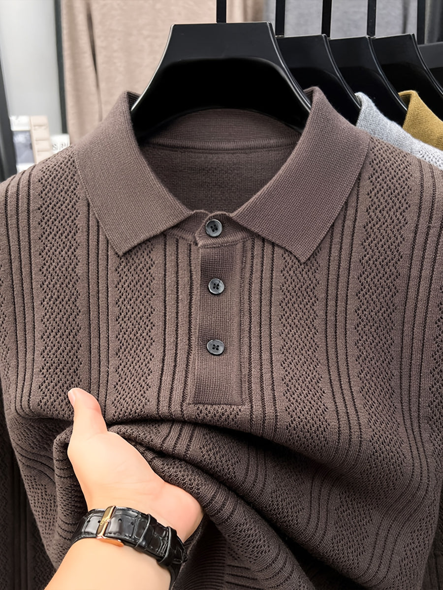 Autumn Renewal 1pc: Black Knitted Long-Sleeve Polo Shirt for Middle-Aged Men, Vertical Stripe Jacquard, Three-Button Lapel, Business Casual, Slim Fit for Spring/Autumn, Commuting and Daily Layering Top - Coffee Color