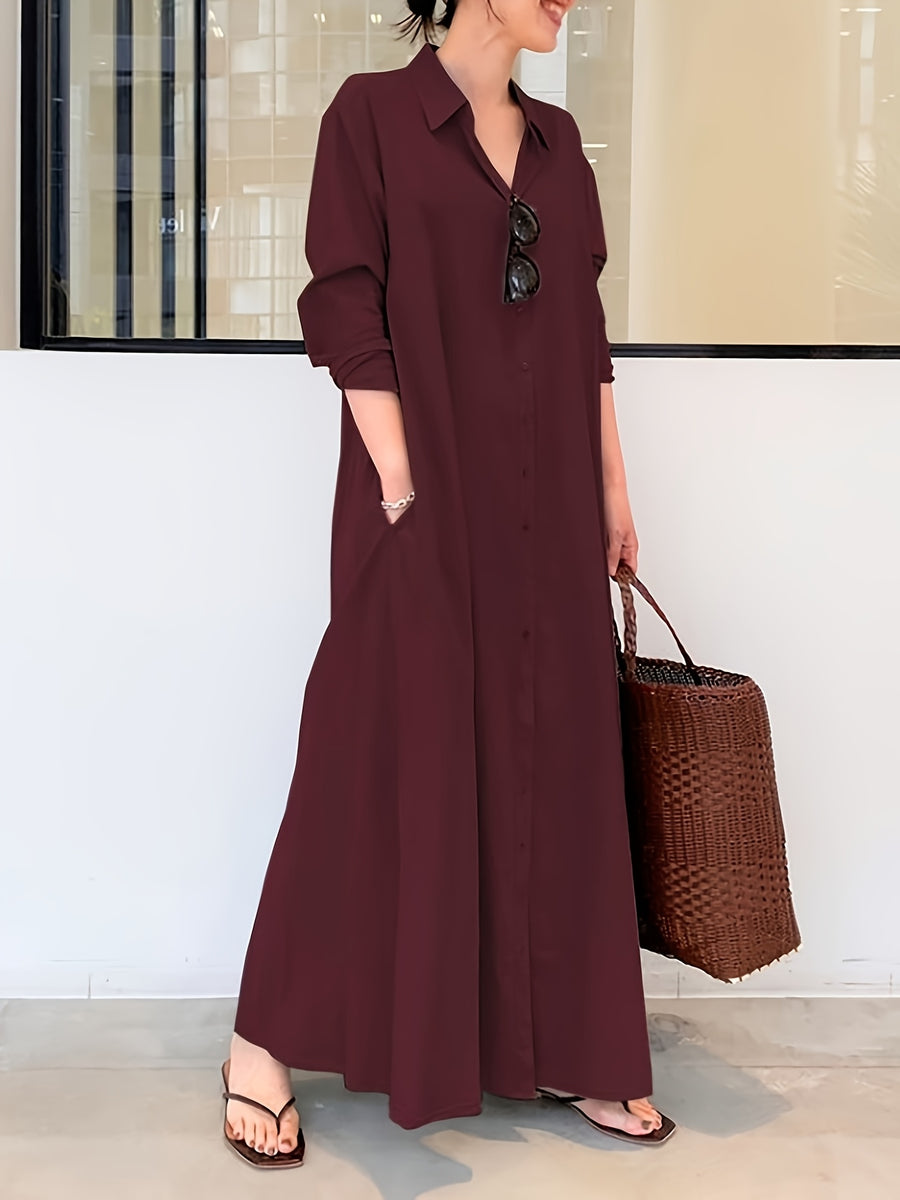 Women'S Button-Up Shirt Dress, Long Sleeve with Pockets, Spring Blouse Collar Autumn Dress - Burgundy