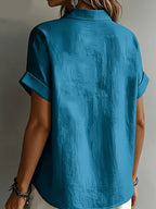 Women's Elegant Vacation-style Short-sleeve Top, Loose and Relaxed Shirt, Commuting Casual Literary Style, Figure-flattering, Daily Temperament Style, Loose and Draping, Breathable and Comfortable - Peacock Blue