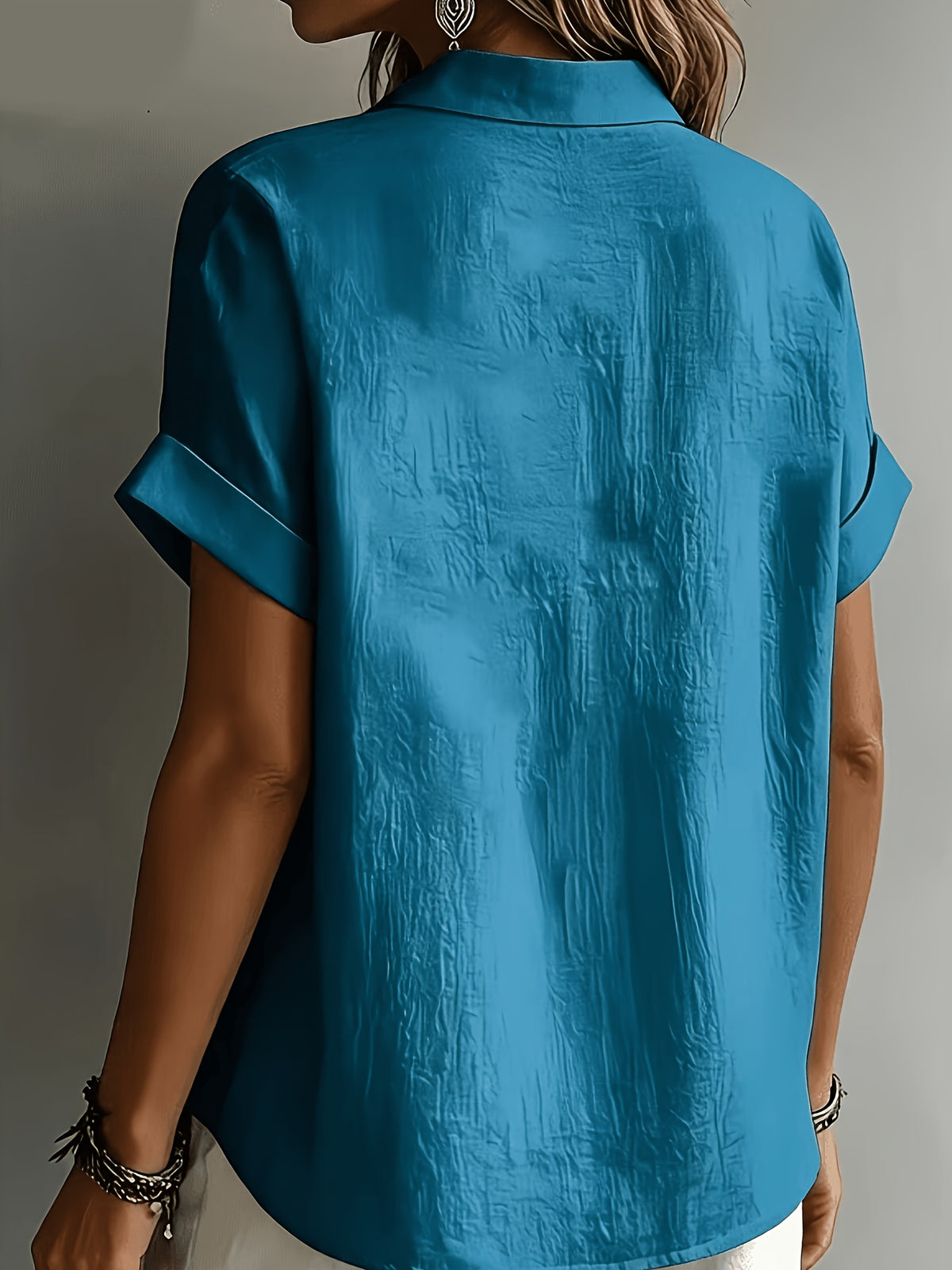 Women's Elegant Vacation-style Short-sleeve Top, Loose and Relaxed Shirt, Commuting Casual Literary Style, Figure-flattering, Daily Temperament Style, Loose and Draping, Breathable and Comfortable - Peacock Blue