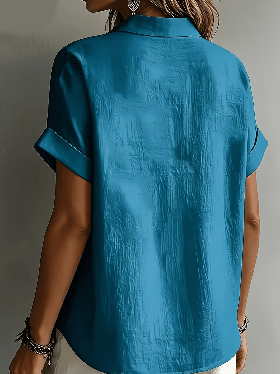 Women's Elegant Vacation-style Short-sleeve Top, Loose and Relaxed Shirt, Commuting Casual Literary Style, Figure-flattering, Daily Temperament Style, Loose and Draping, Breathable and Comfortable - Peacock Blue