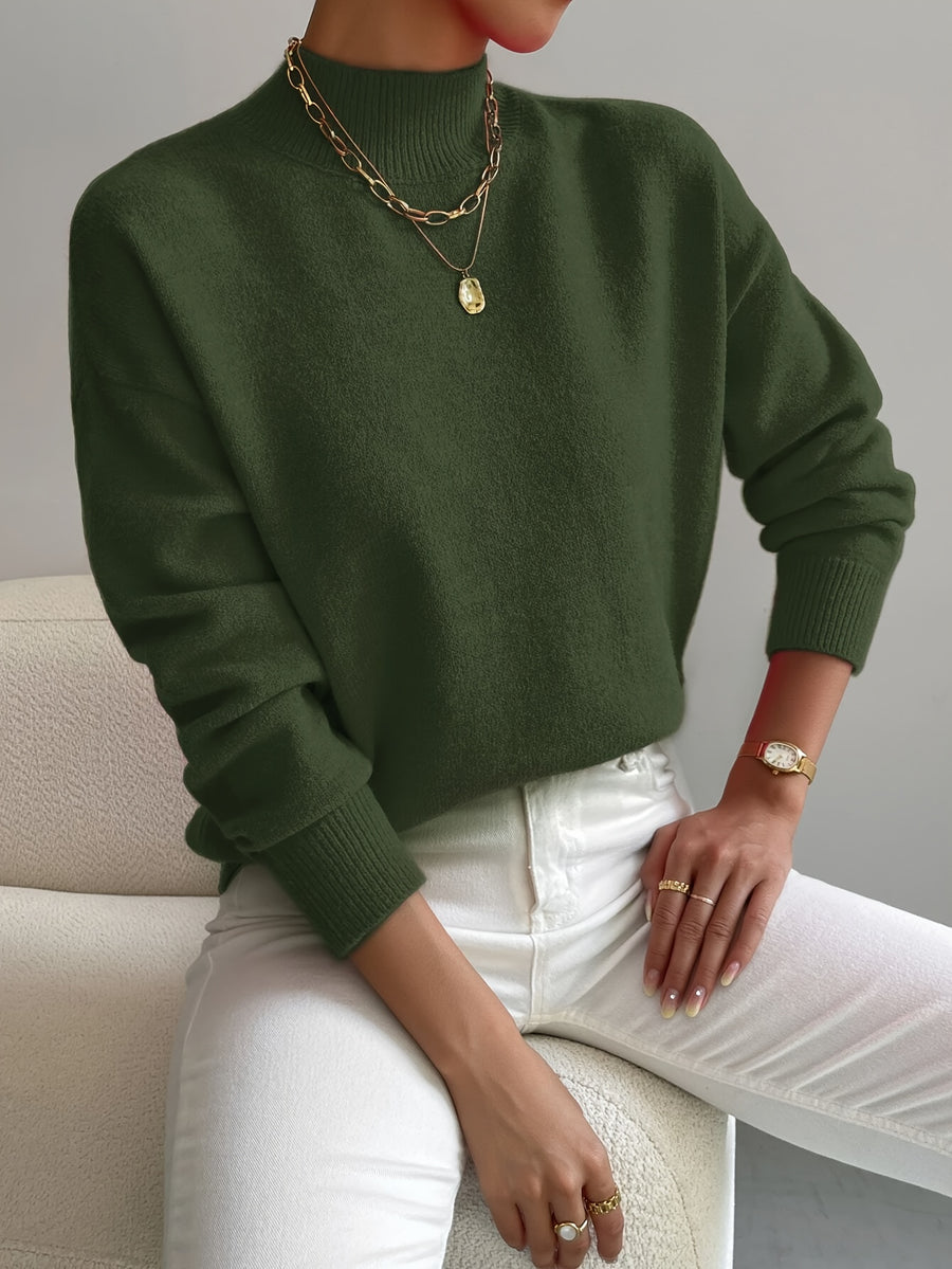 Women's Solid Color Elegant Mock Neck Long Sleeve Drop Shoulder Pullover Sweater - Olive Green