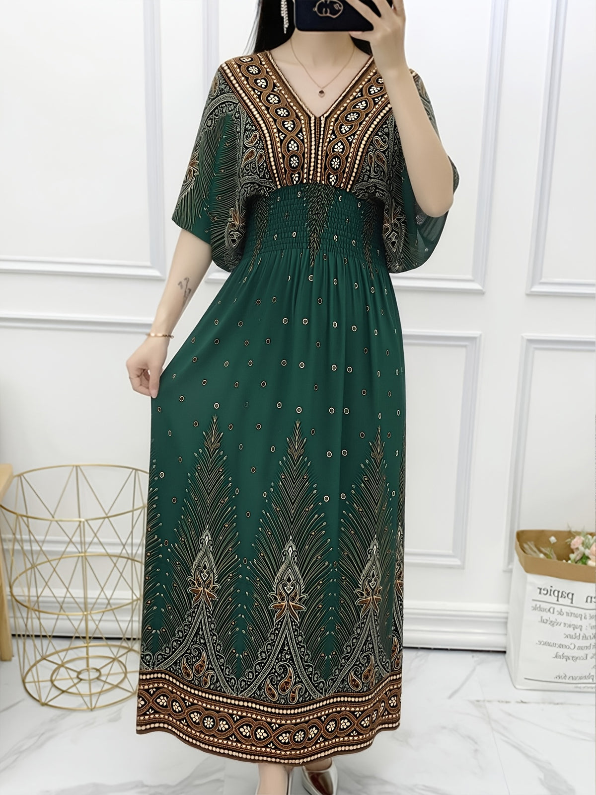 Summer Bohemian Women's Dress, Thin Beach Vacation Dress, 4 Colors Available, High Waist V-Neck Maxi Dress with Batwing Sleeves - Loose, Comfortable, and Breathable - Dark Green