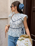 Elegant Party Women'S Wear, Girly Style Beautiful Top, Beautiful Women'S Blouse, Elegant And Chic Shirt, Youthful Shirt, Fashionable Shirt, Casual Shirt, Vintage Floral Print Shirt, Small Stand-Up Collar Puff Sleeve Floral Blouse - Blue
