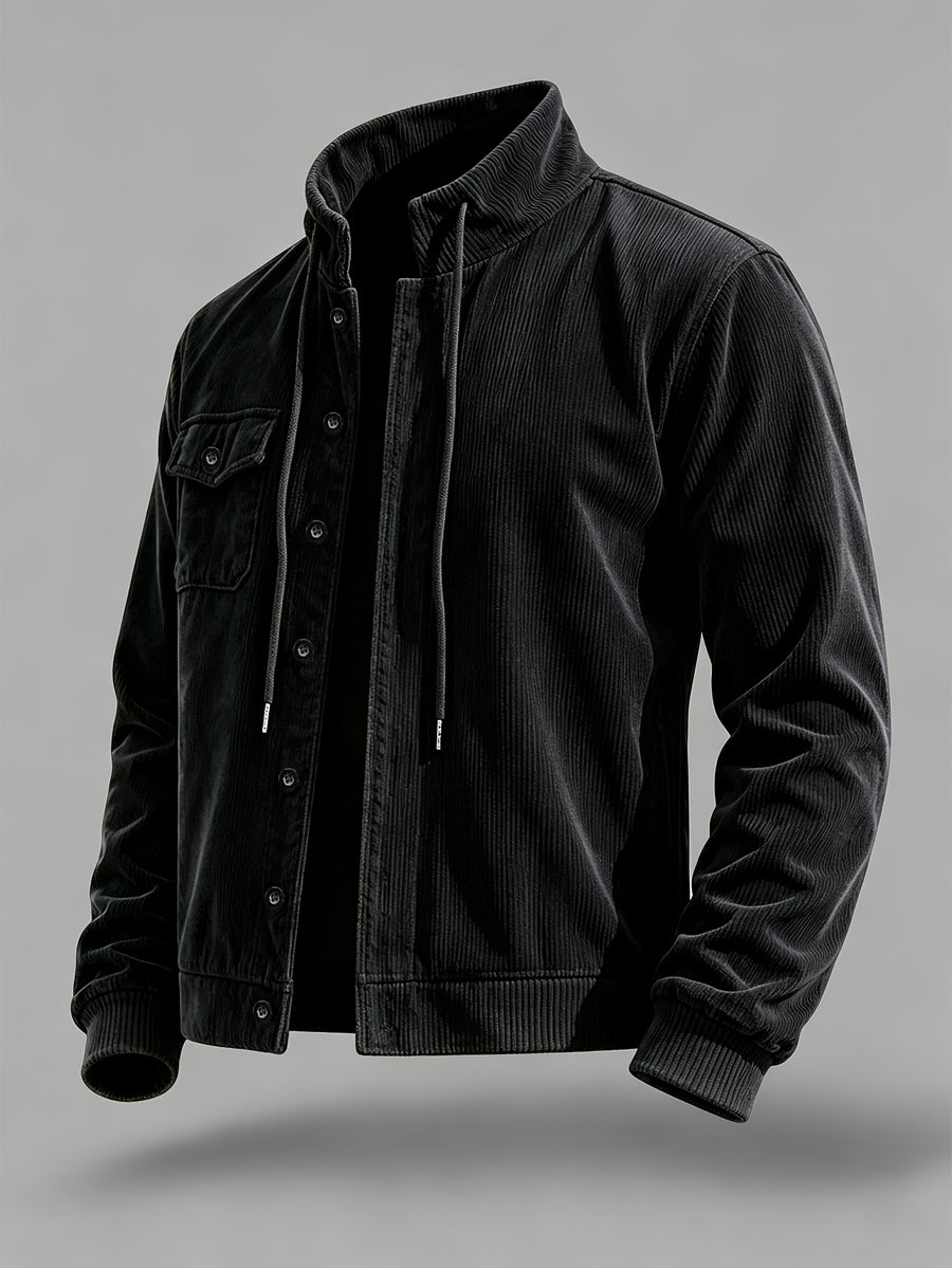 New Single-Piece Men'S Corduroy Jacket, Chest Cargo Pocket, Retro Workwear Street Style, Suitable for Autumn And Winter, Casual Outing And Layering - Black