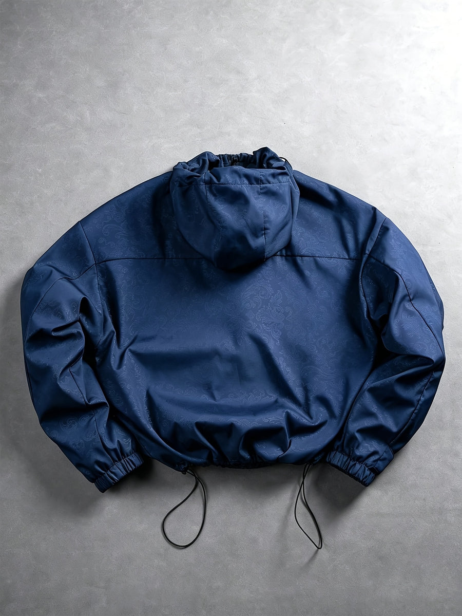 Men'S Spring Autumn Bomber Jacket with Drawstring Hood And Zipper Cardigan, Drawstring Hem Thin Jacket Casual Trendy Outerwear - Blue