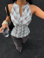 New Summer Vintage Sweet Spicy Half-Open Collar Shirt Women'S Design-Sense Slender Sleeveless Top - Mixed colors