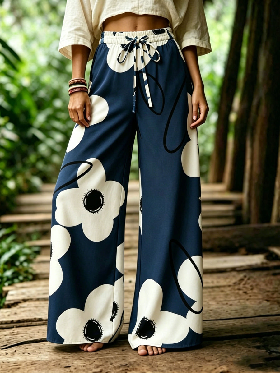Bohemian Style Colorful Floral Print Wide-Leg Pants Women'S High-Waisted Drawstring Loose Vacation Style Casual Trousers - Sea Blue