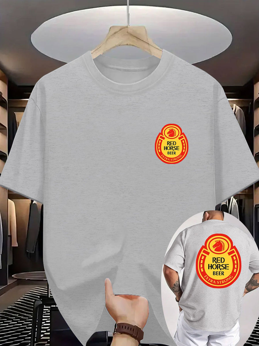 New Summer Men'S Casual T-Shirt with Ribbed Round Neck And Short Sleeves, Made from Knitted Fabric, Refreshing And Comfortable, Featuring Double-Sided Printing with a Red Horse Beer Design, Perfect for Outdoor Activities - Grey