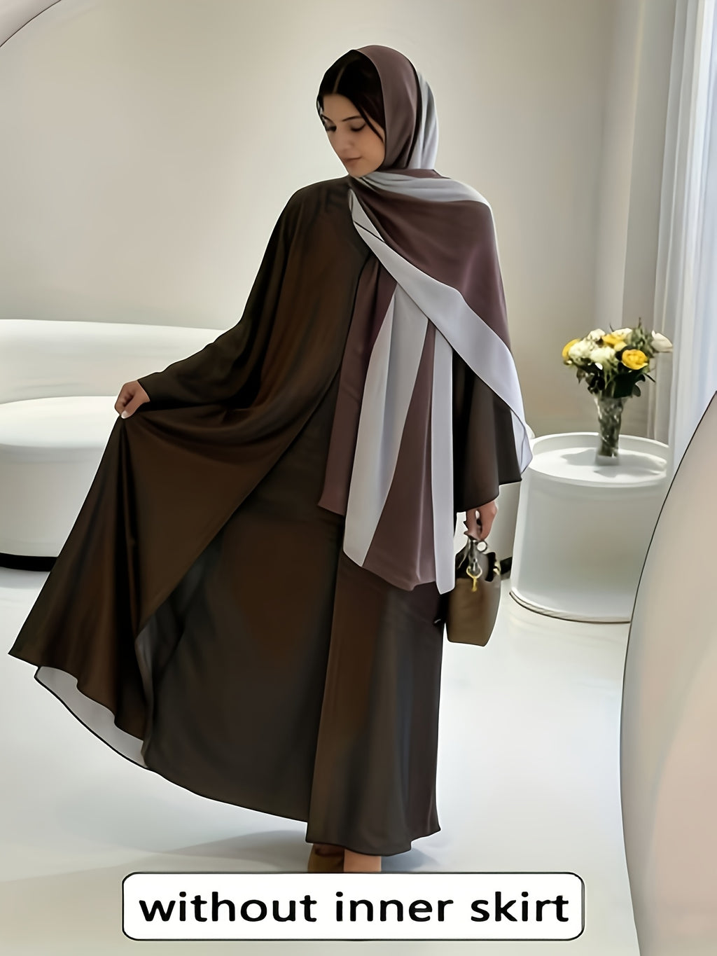 Eid 2026 New Women'S Elegant Fashion Batwing Sleeve Contrast Edge Cardigan Chiffon Dress Abayas Robe Women [With Headscarf], Easy Care Fabric, Machine Washable, Soft And Exquisite - 【Brown】