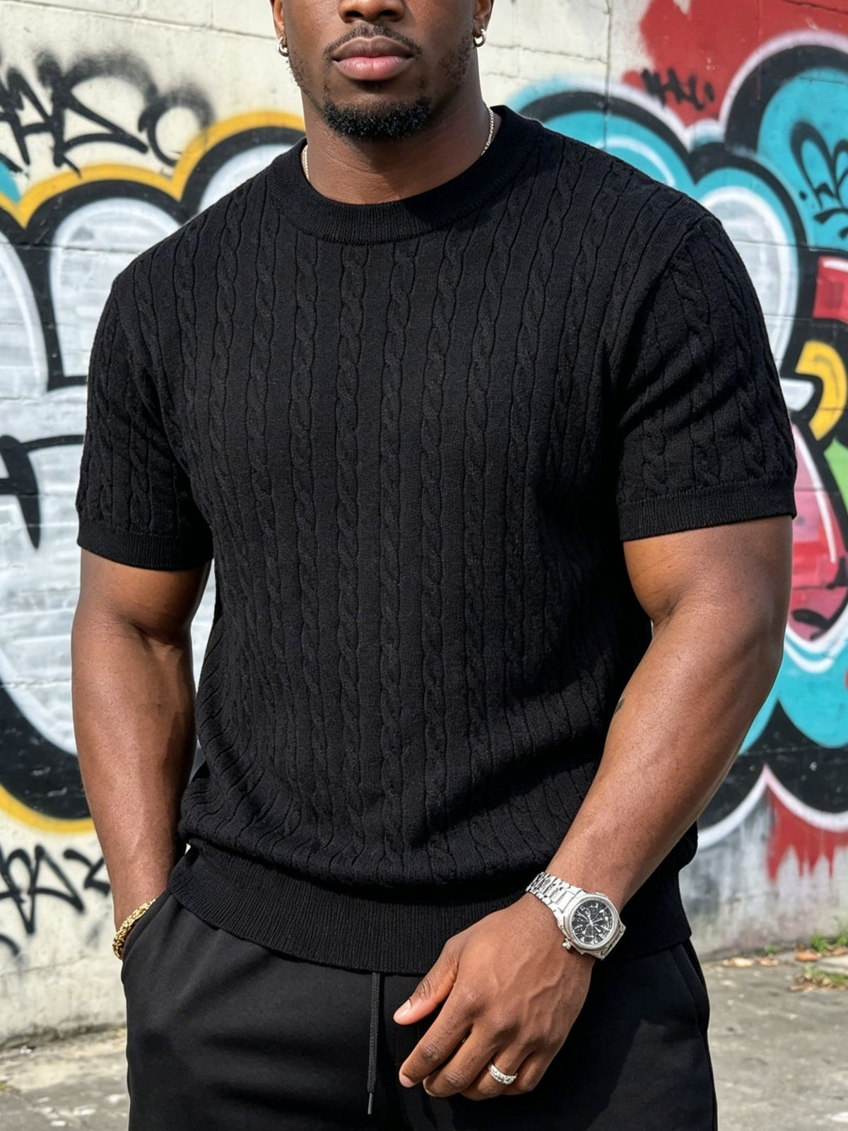 Classic Round Neck Cable Knit T-Shirt, Men'S Spring Summer Vintage Texture Top, Cable Twist Pattern Design, Breaking Pure Color Monotony, Suitable for Friends' Gatherings, Outdoor Camping, Casual Dates, Daily Strolls - Black