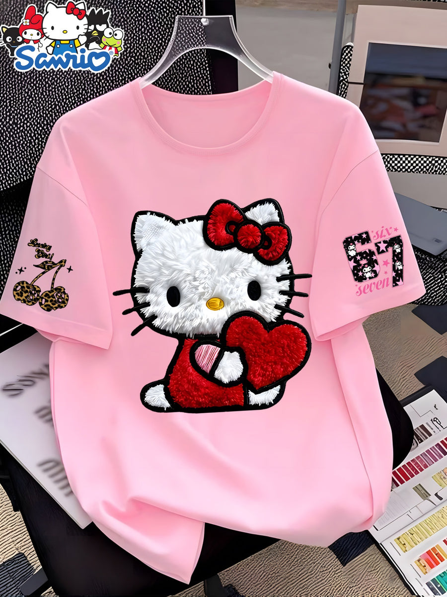 Summer New -Border European And American Women'S Short Sleeve T-Shirt, Hellokitty Cartoon Cute Pattern Print Design, Loose Round Neck Short Sleeve Casual Top, Comfortable And Fashionable Home Wear, Multi-Color Options, Easy Style, Trendy Design - pink color