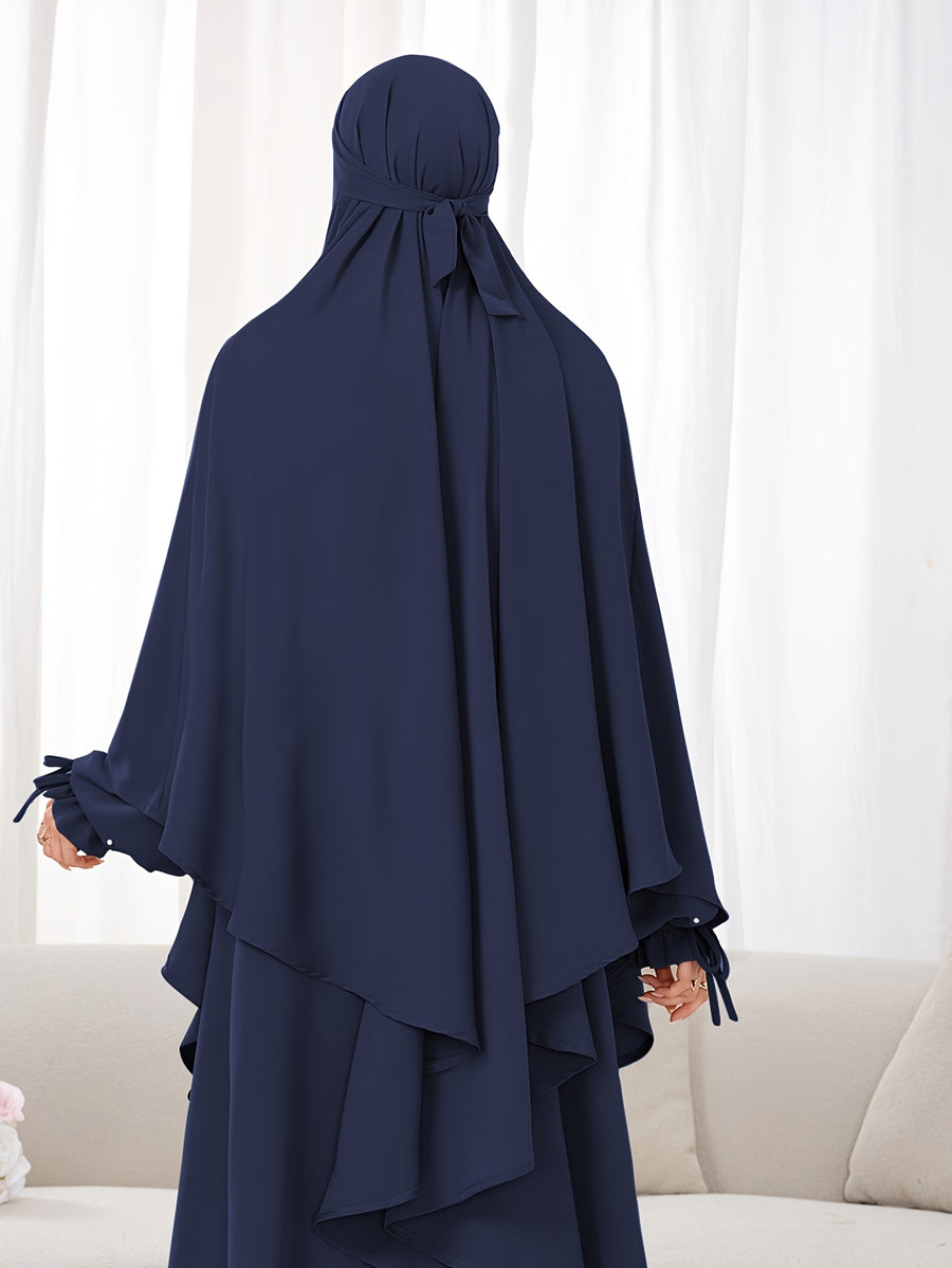 Women's 2pcs Modest Islamic Abaya & Khimar Suit - Elegant Full Coverage Prayer Dress with Headscarf, Pure Color Muslim Dress Suitable for Daily Wear, Hajj, Ramadan, Travel - Abaya Robe for Muslim Women - Navy Color