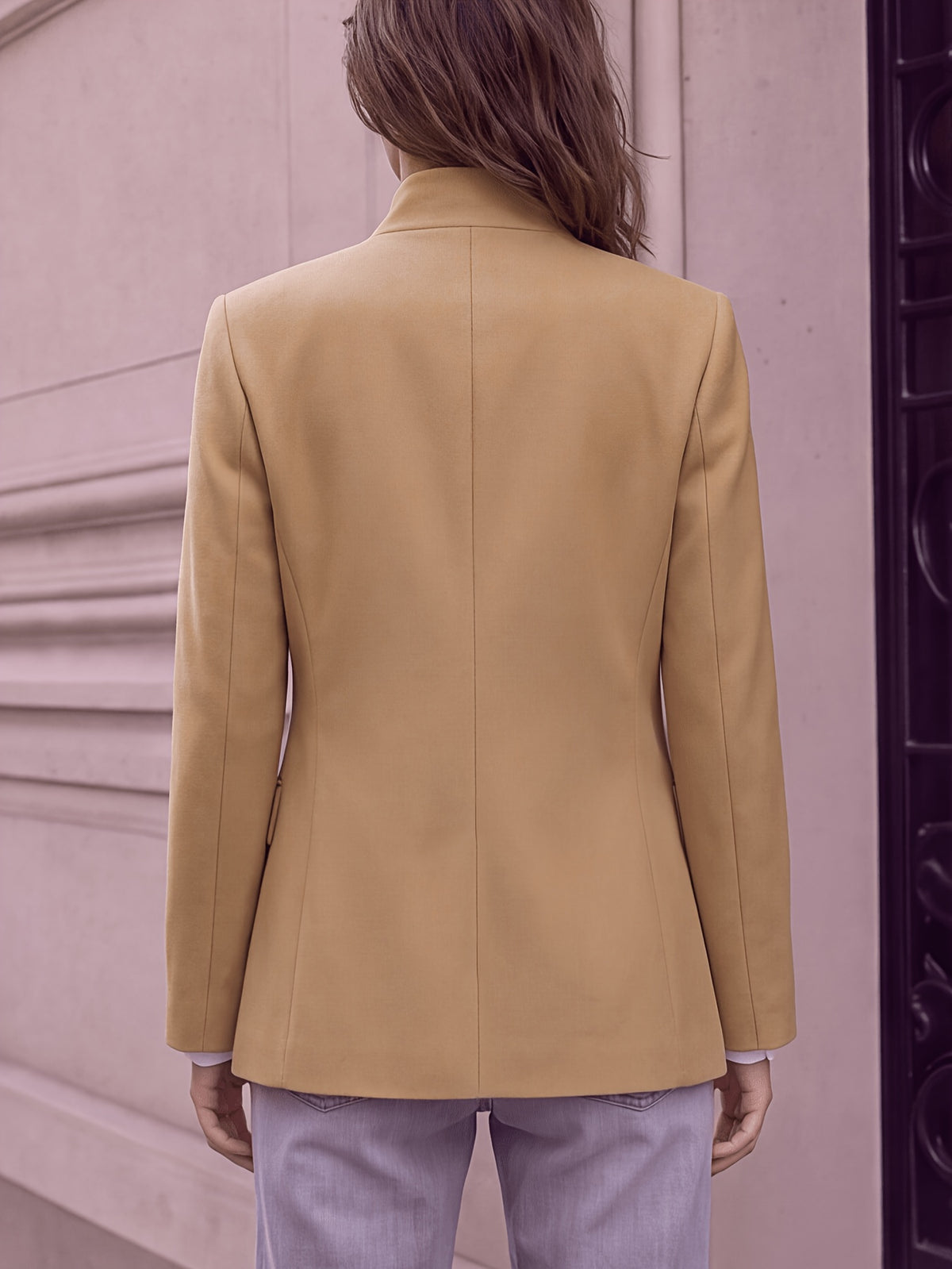Stand-up Collar with Irregular Slanted Placket, Women's Casual Blazer, Versatile and Elegant Commuter Blazer Top, Dual-wear Suit for Daily and Workplace, Lined, with Pockets - Camel