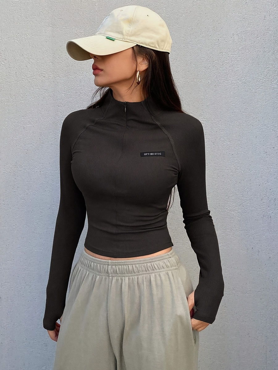 Slim-Fit Long-Sleeve T-Shirt with a Half Zipper for a Stylish Look - Black