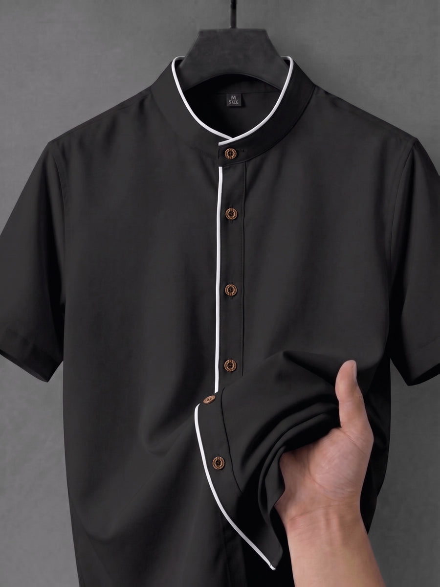 Men'S Short-Sleeved Shirt, Henley Collar/Stand-Up Collar Design, Placket Splicing Contrast Color Design - Black