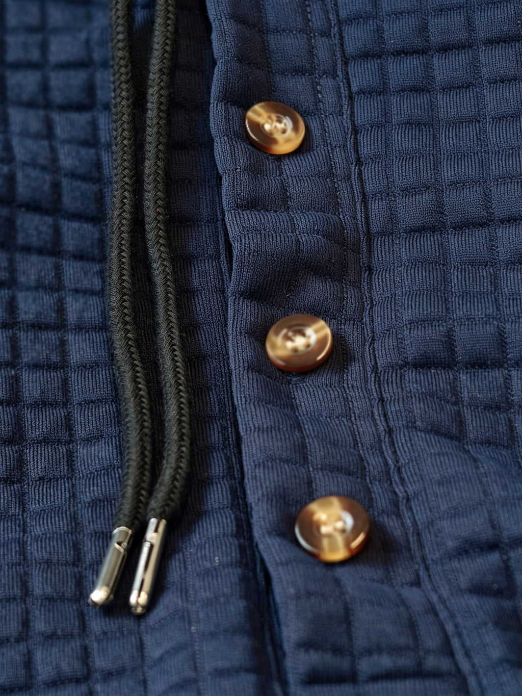 [Villa Le Water OBM] BOWZ Men'S Fashion Hoodie, Small Checkered Jacquard Texture Hooded Sweatshirt, Long Sleeve Henley Half-Button Placket with Black Drawstring Hood, Personalized Patchwork Hem, Slightly Loose Curved Hem Fit - Navy Color