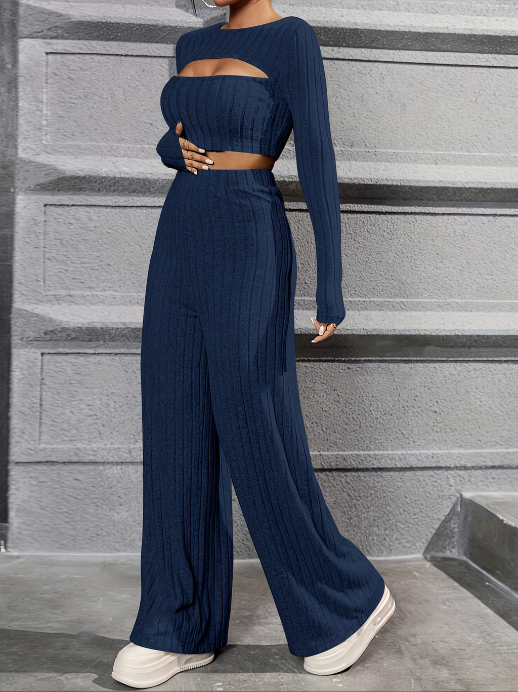 Elegant Directional Women'S Long-Sleeve T-Shirt And Casual Long Pants Set - Navy Color