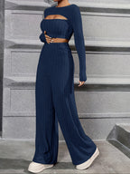 Elegant Directional Women'S Long-Sleeve T-Shirt And Casual Long Pants Set - Navy Color