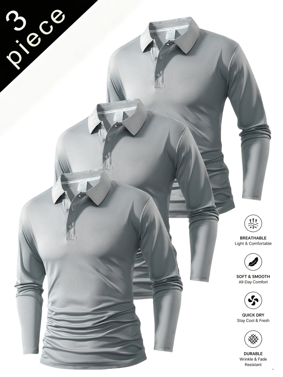 Spring And Autumn Explosive Value Three-Piece POLO Collar Long-Sleeved Top for Men, Stylish, Easy And Versatile, Solid Color Design, Multi-Color Optional Sports And Casual, Soft And Comfortable, Jumper, 220G/Square Meter Fabric Weight - 3 Gray