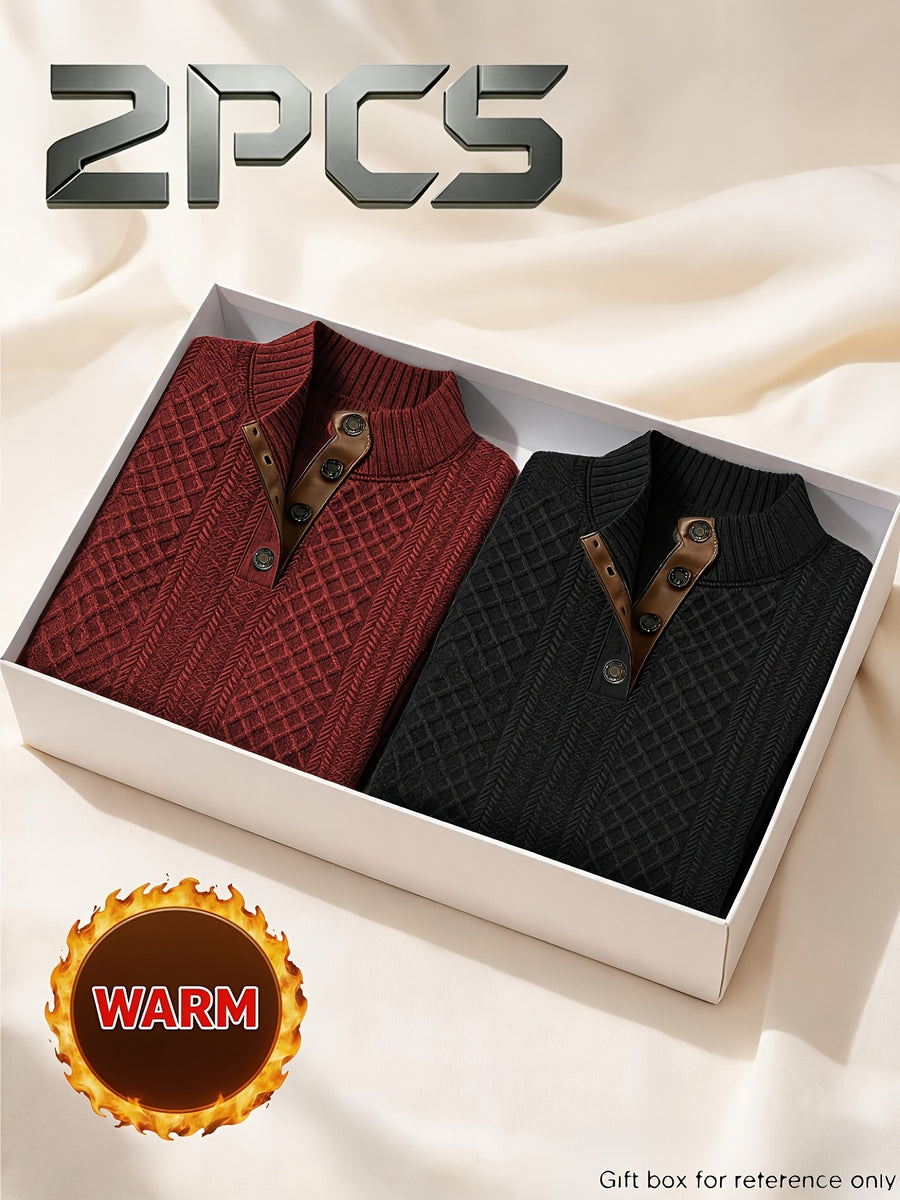2pcs Men'S Autumn Winter Season Knit Jacquard Long Sleeve Top, Fashionable Small Stand Collar Color Block And Niche Metal Button Design, Warm Knit Casual Sweatshirt, Solid Color Long Sleeve Thick Soft Warm Fleece, Men'S Polo Athletic Sweater - Red+Black