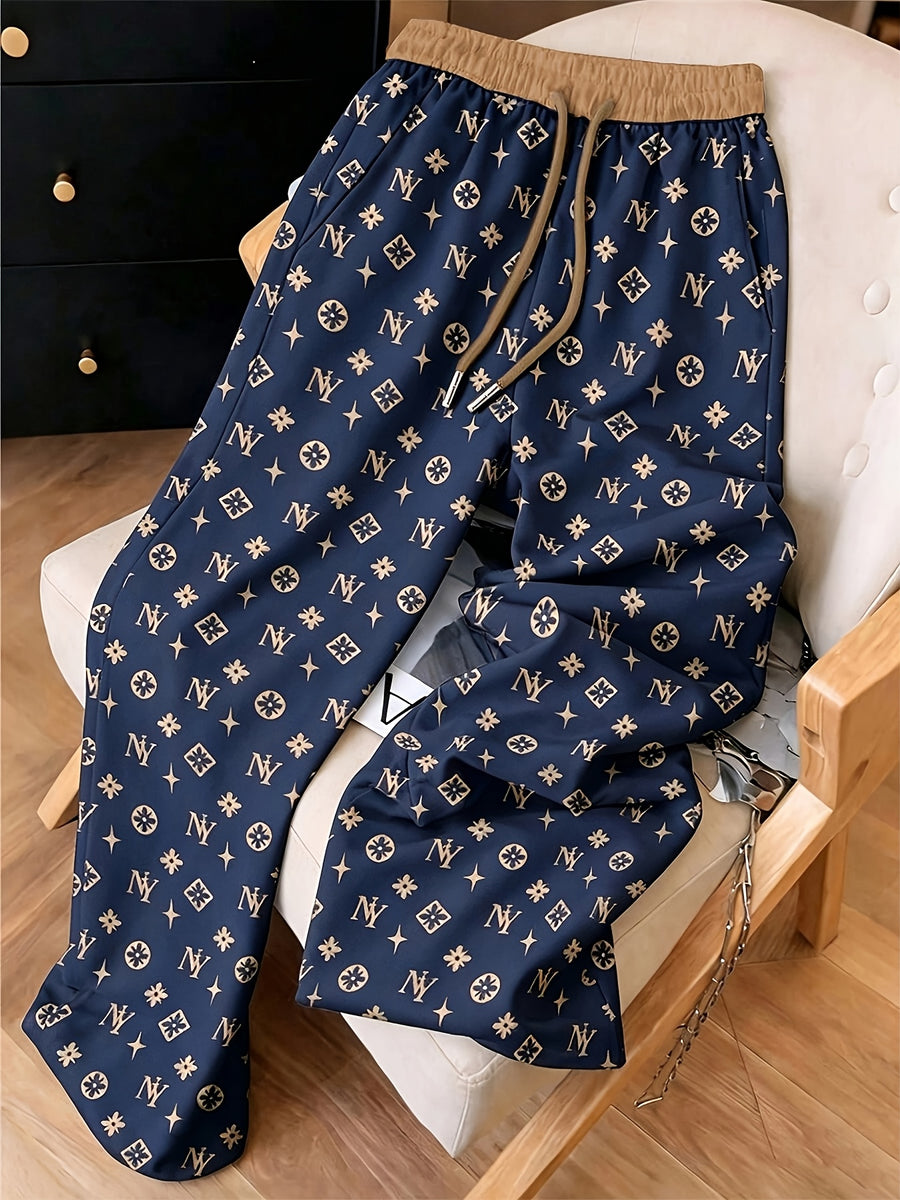 Women's Minimalist Printed Casual Pants, Drawstring Pocket Straight-Leg Trousers, Machine Washable and Hand Washable - Navy Color