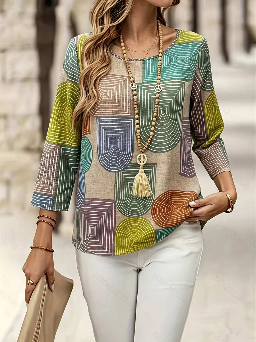 Women's Simple Round-neck Printed Top, Casual Printed Shirt, Spring/summer/autumn Wear, Commuting Outfit - Mixed colors
