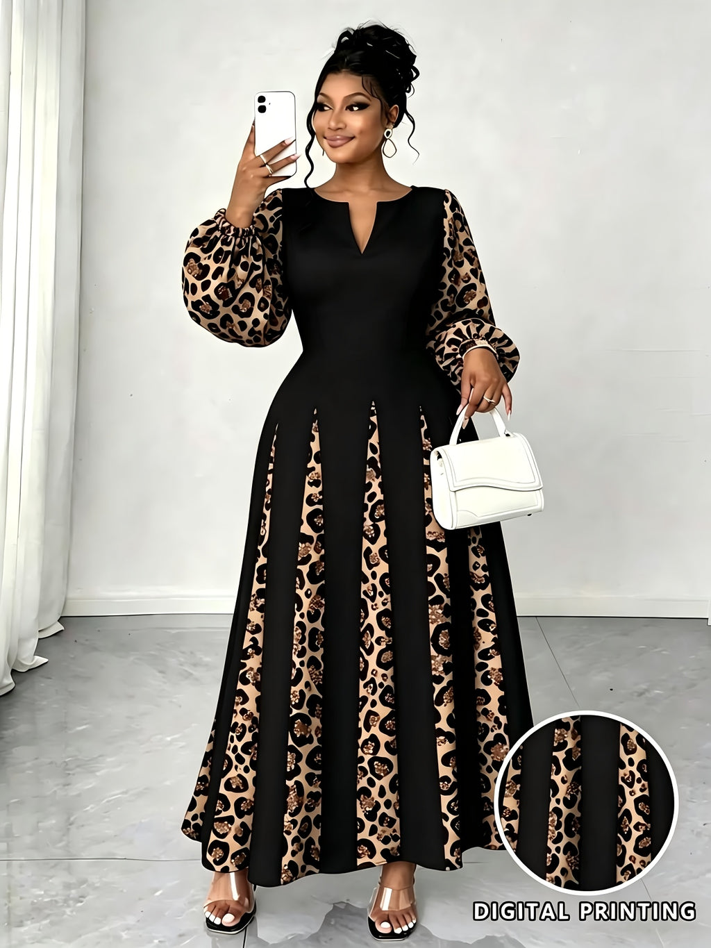 Plus Size Women'S Leopard Patchwork Long Dress, Long Puff Sleeve with Cutout V-Neck A-Line Maxi Skirt, Elegant Party Evening Gown - Black