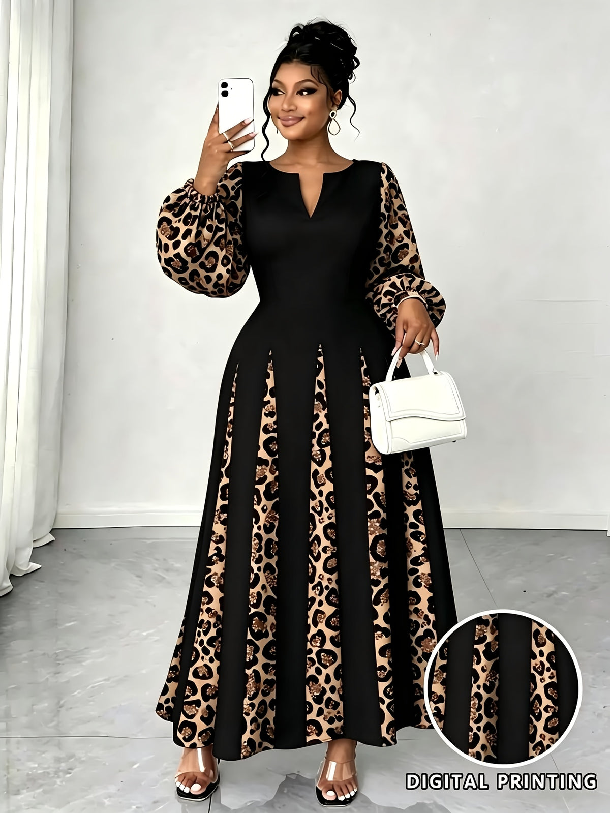Plus Size Women'S Leopard Patchwork Long Dress, Long Puff Sleeve with Cutout V-Neck A-Line Maxi Skirt, Elegant Party Evening Gown - Black
