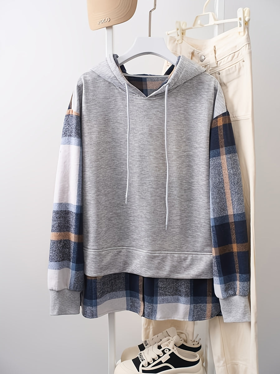 2026 High-Quality Fashionable and Elegant Plaid Hooded Sweatshirt with Gray Plaid Design, Plaid Collar, Plaid Cuffs, and Ribbed Pattern. Lightweight, Soft, and Skin-Friendly for Spring and Autumn. Stylish and Chic Knitwear - Space Gray