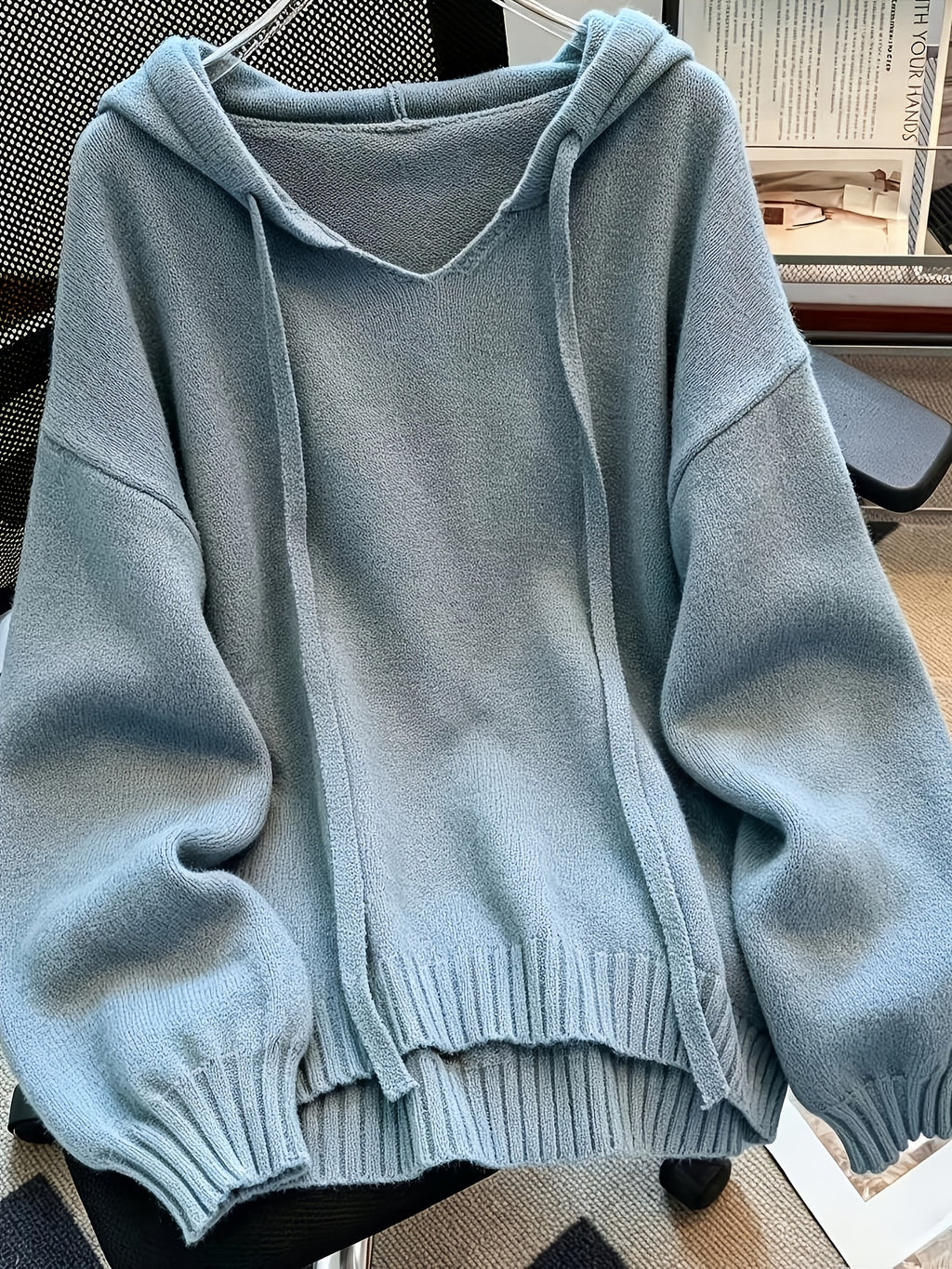 Korean-style Loose Fit Casual Hooded Sweatshirt, Autumn/Winter Solid Color Simple Versatile Drop Shoulder Lantern Sleeve Hoodie, 2026 New Fashion Women's Clothing - Military Blue