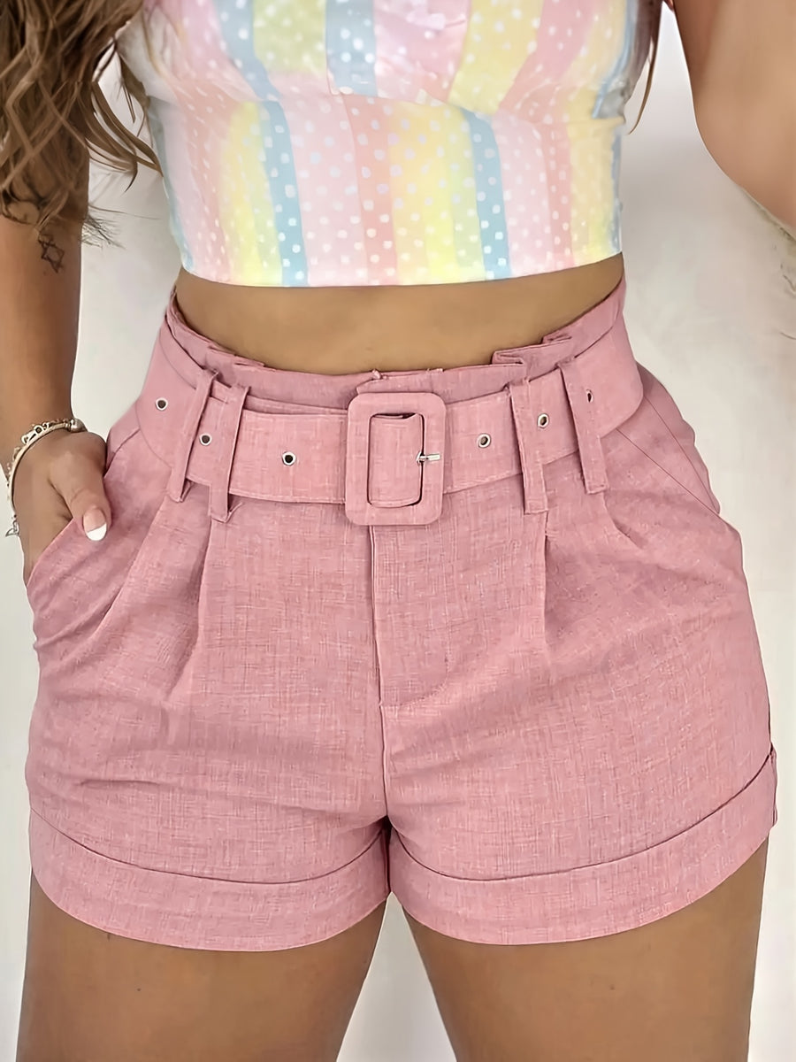 New Summer 2026 Solid Color High-Waist Three-Quarter Fashion Shorts - Pink Color