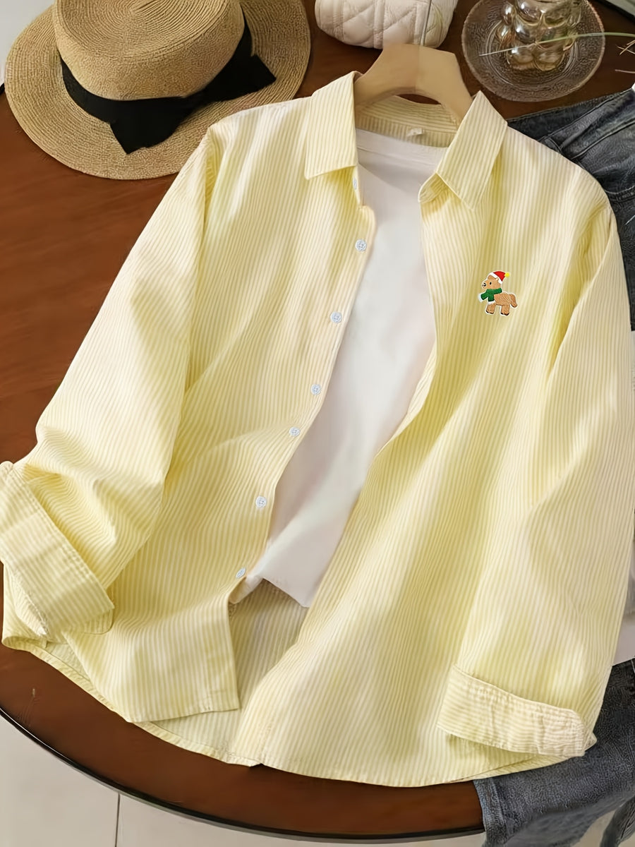 Hong Kong Style Casual Lazy Vertical Striped Cartoon Fun Gift Little Pony Pattern Long Sleeve Shirt Thin Versatile Blouse Men'S Fine Striped Shirt - Red Hat Little Horse Yellow