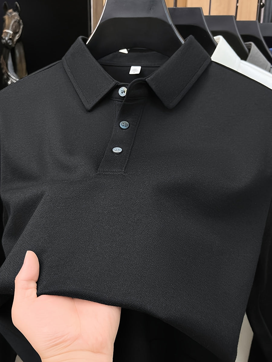 Men's Solid Color Long-Sleeve Polo Shirt, Simple and Clean Design Without Logo, Slightly Relaxed Fit, Flattering on All Body Types, Suitable for Spring and Autumn - SINBOS - Black