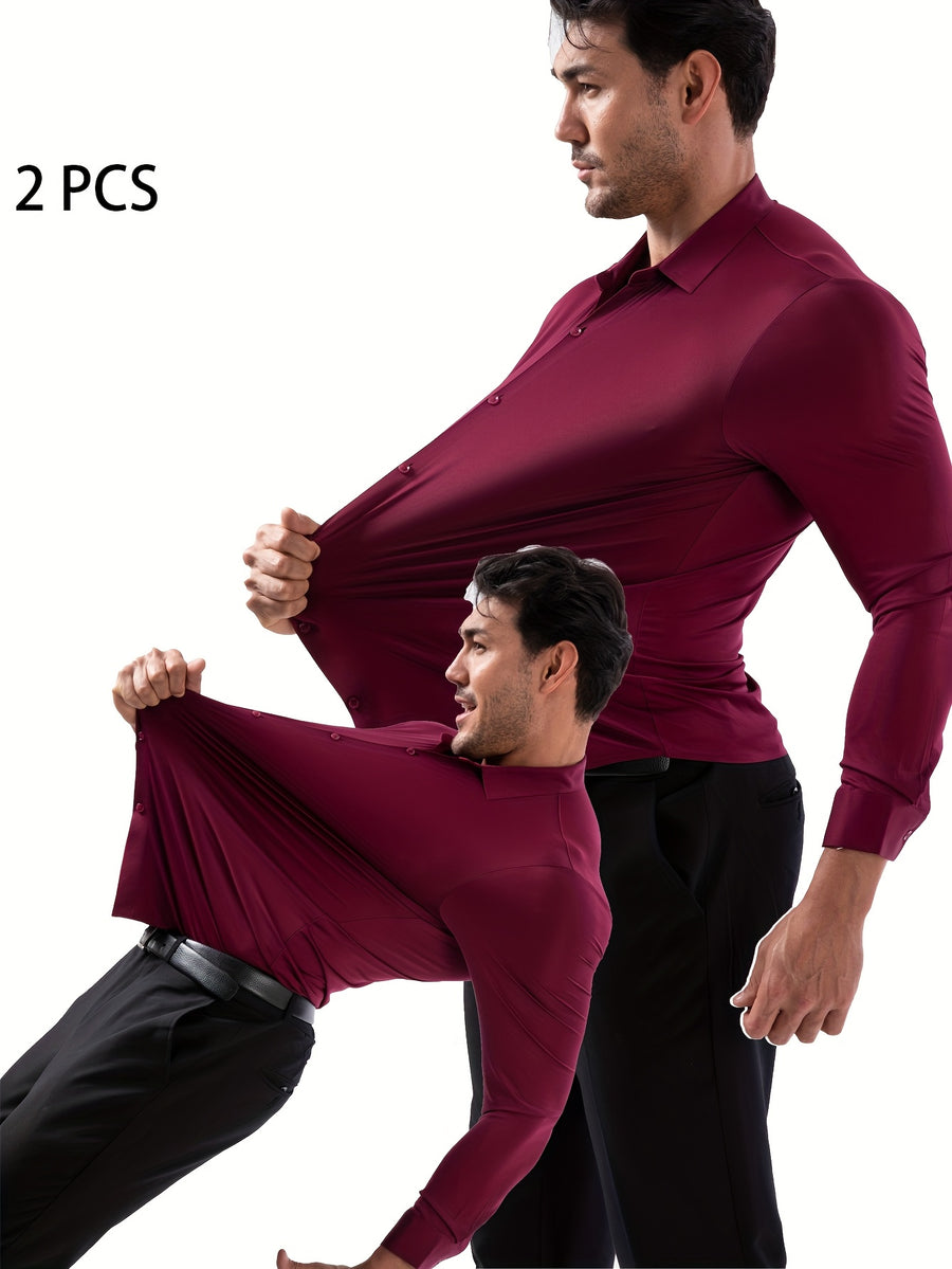 2pcs Set of Seamless Pressure Adhesive High-Elasticity Non-Iron Men'S Dress Shirt Long Sleeve Business Casual Formal Top, Material 88% Polyester 12% Spandex, Fabric Weight 160G, Casual - Wine Red + Wine Red