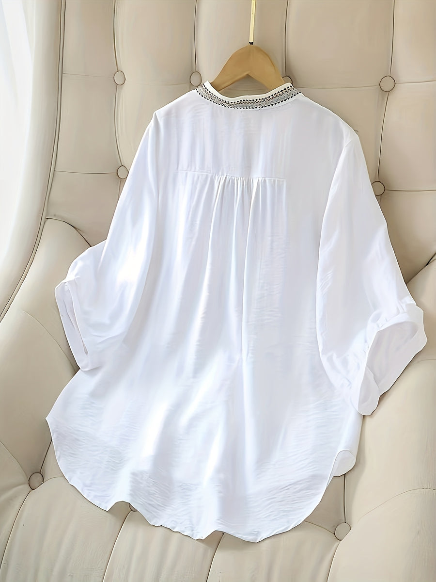 Fashionable Embroidered Short-Sleeve Shirt - White