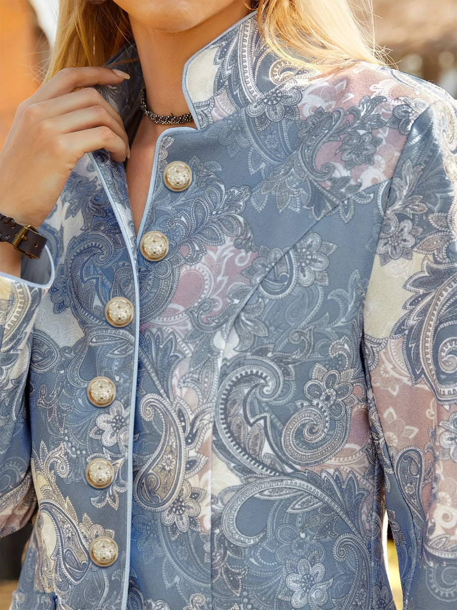 Retro Autumn Winter Fashion Single-Button Swirl Pattern Cashew Print Small Stand-Up Collar Women'S Long Sleeve Jacket Blazer - Multicolor