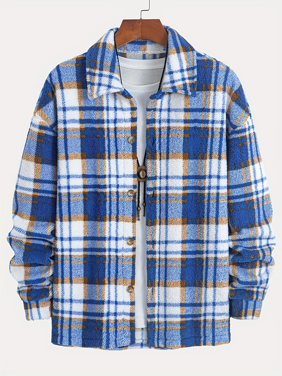 Men'S Fashion Plush Coat, Winter Style Lapel Button-Design Knit Plush Jacket, Suitable for Men'S Casual Wear, Warm Top for Daily Commute, Versatile Outerwear, Men'S Gift - Blue